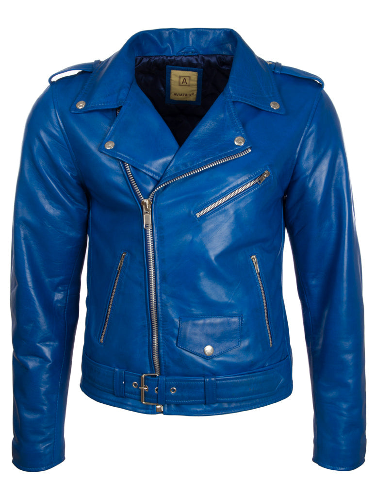 Men's Leather Biker Jacket – Electric Blue