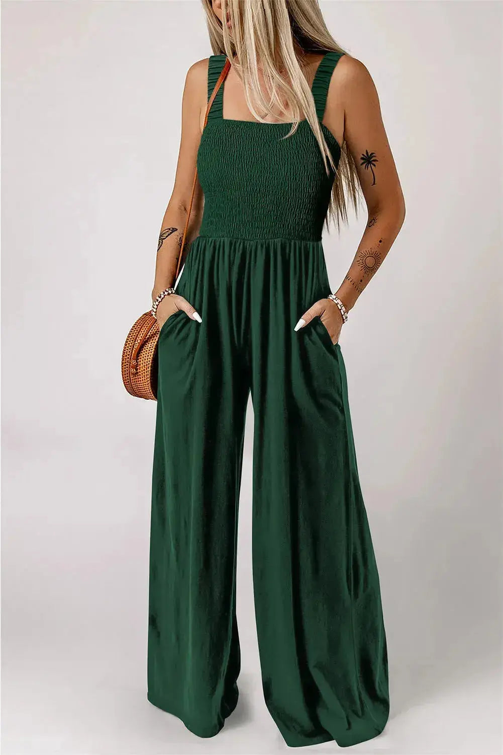 Smocked Square Neck Wide Leg Jumpsuit