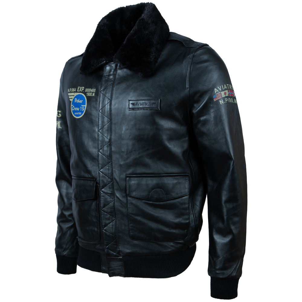 Men's Leather Aviator Jacket with Faux Fur Collar – Black
