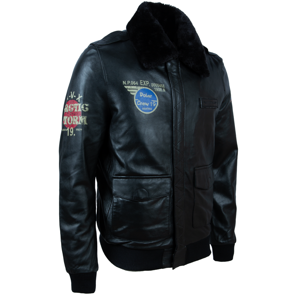 Men's Leather Aviator Jacket with Faux Fur Collar – Black