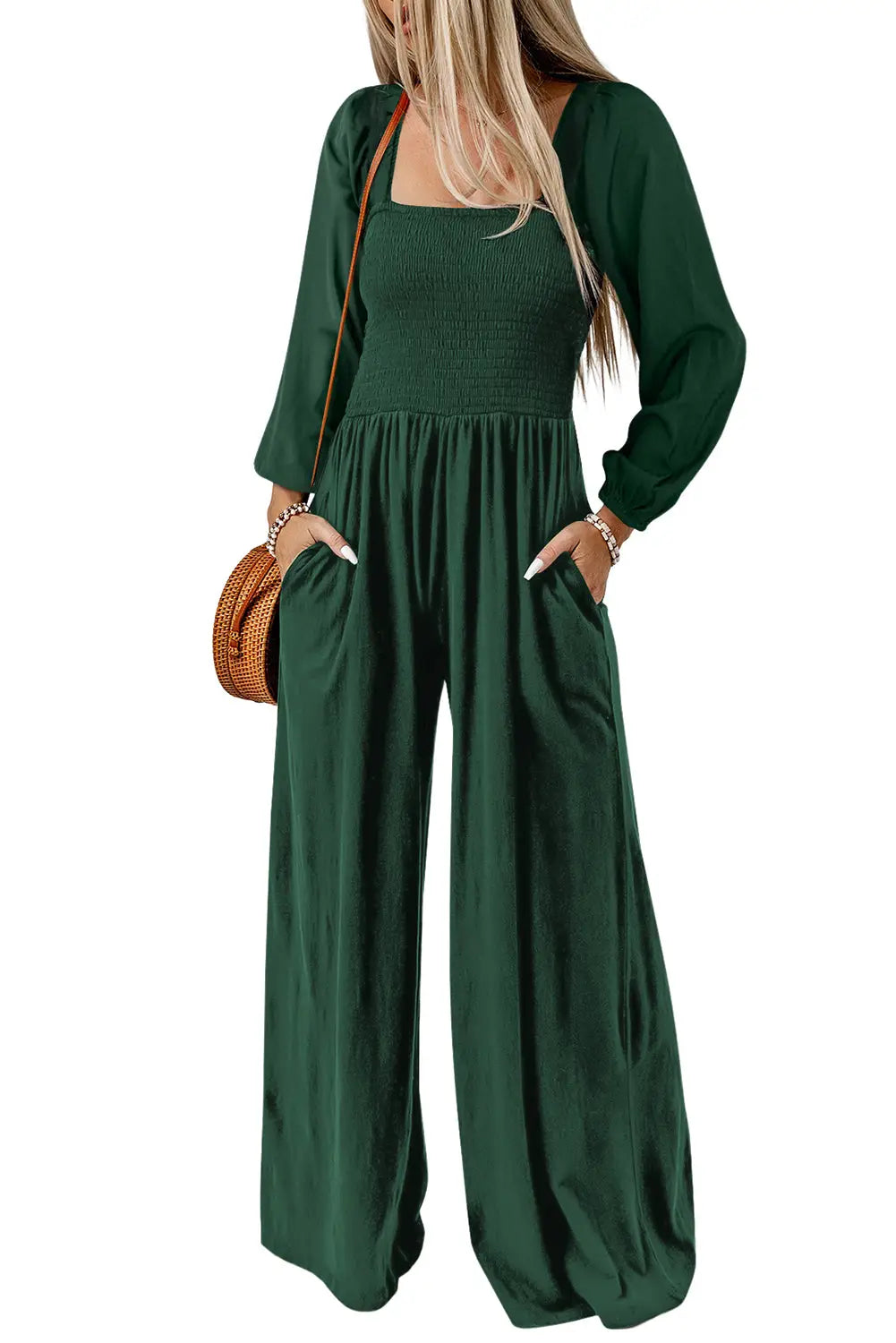 Smocked Square Neck Wide Leg Jumpsuit