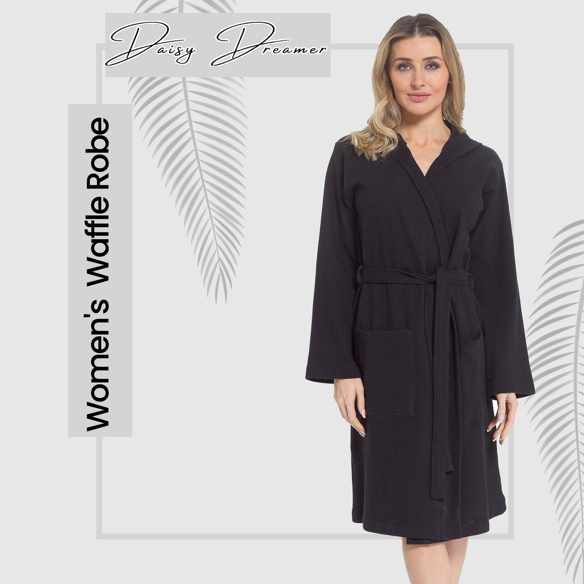 Hooded Waffle Cotton Dressing Gown – Black