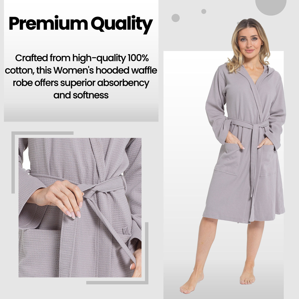 Hooded Waffle Cotton Dressing Gown – Grey