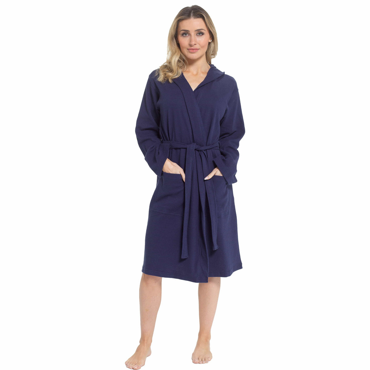 Hooded Waffle Cotton Dressing Gown – Navy