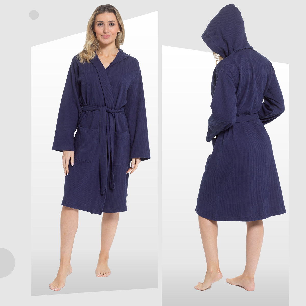 Hooded Waffle Cotton Dressing Gown – Navy