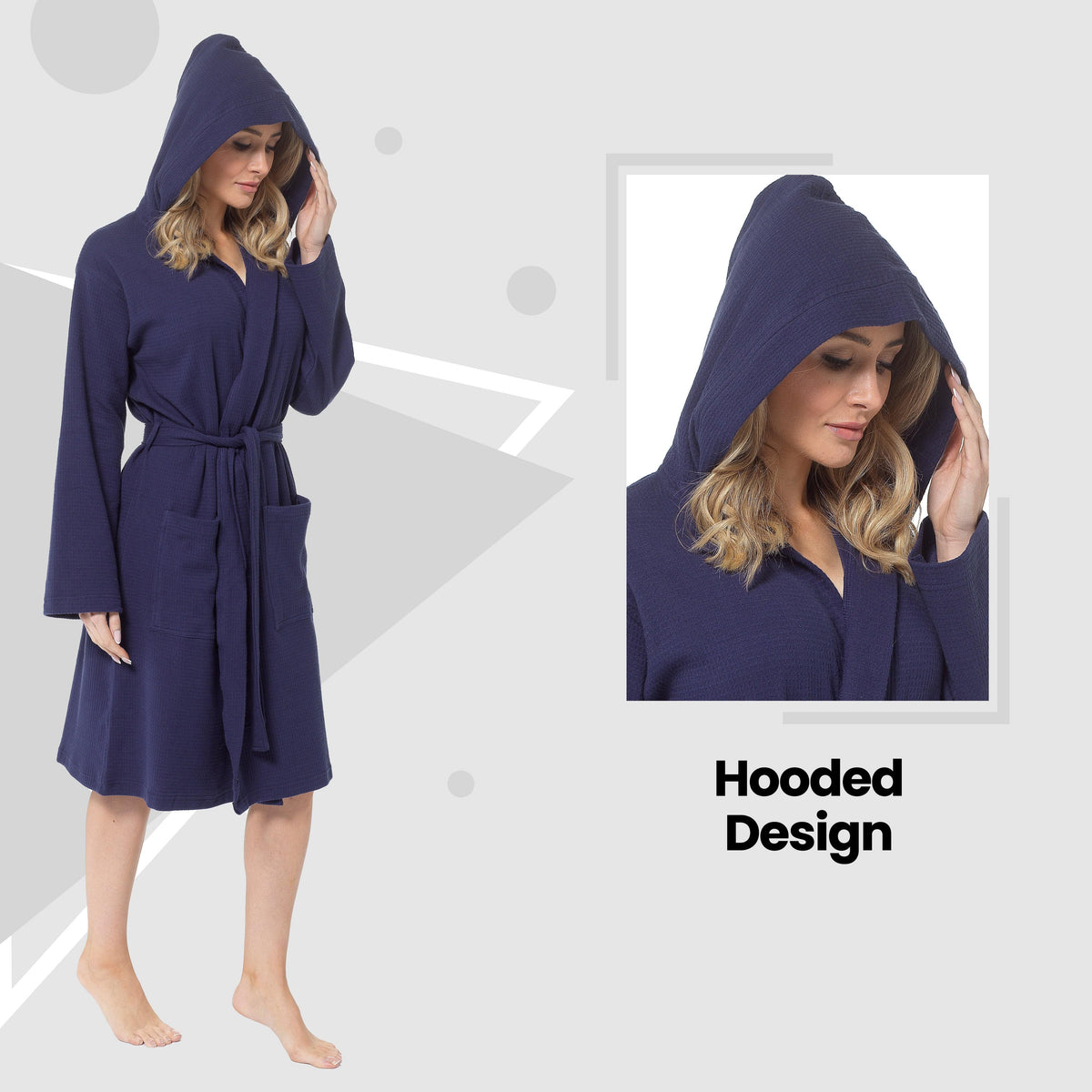 Hooded Waffle Cotton Dressing Gown – Navy