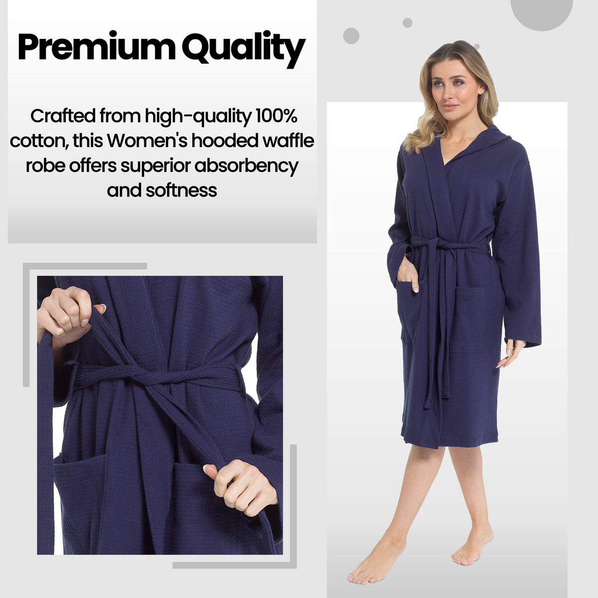 Hooded Waffle Cotton Dressing Gown – Navy