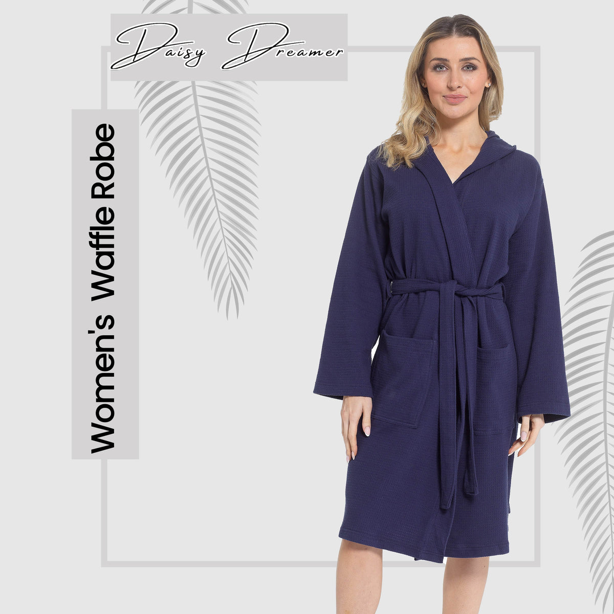 Hooded Waffle Cotton Dressing Gown – Navy