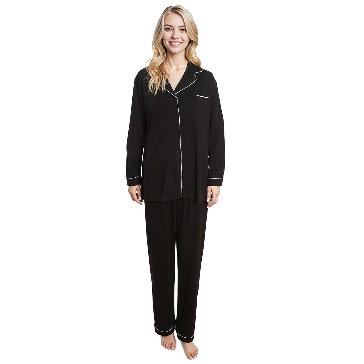 Soft Touch Button-Up Pyjama Set – Black