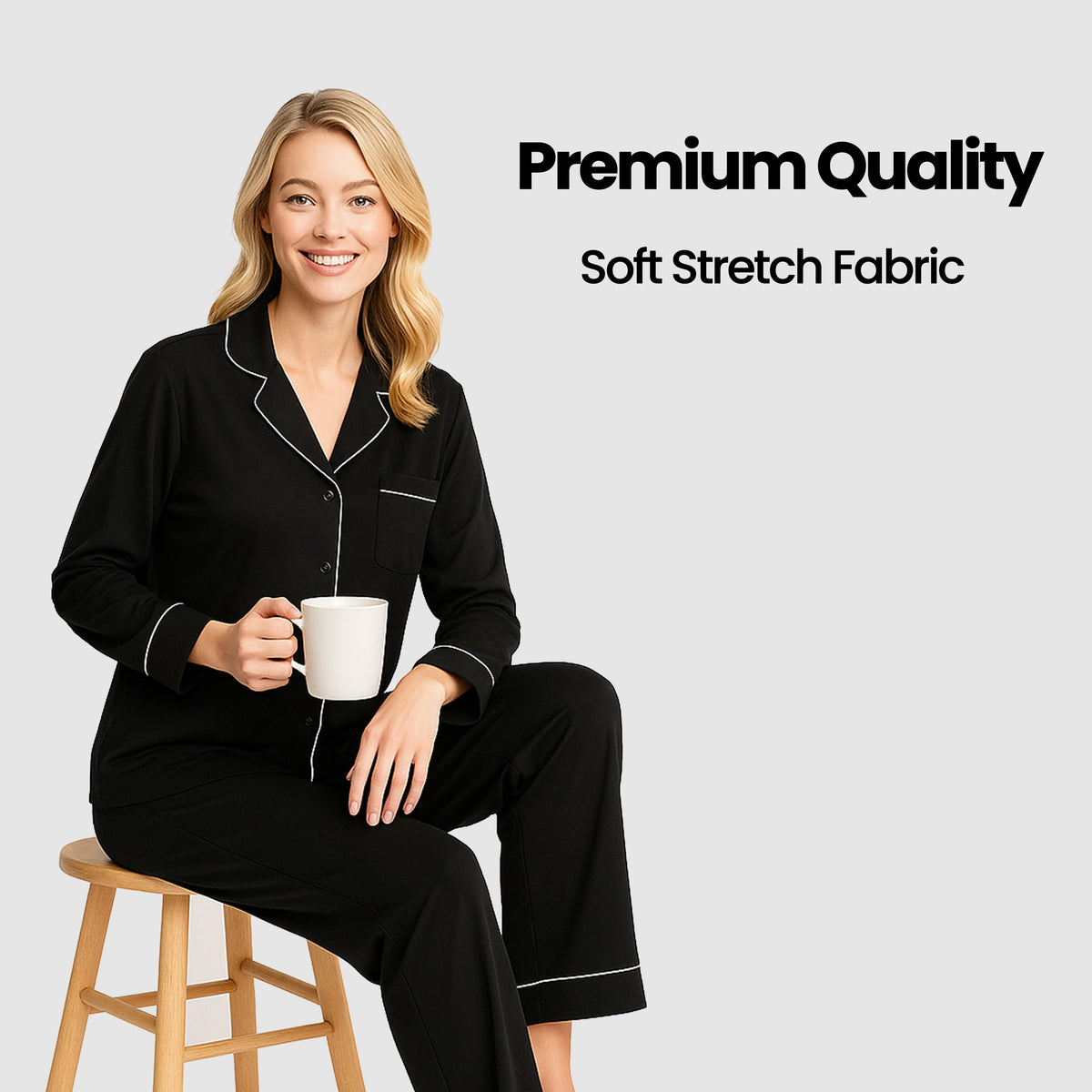 Soft Touch Button-Up Pyjama Set – Black