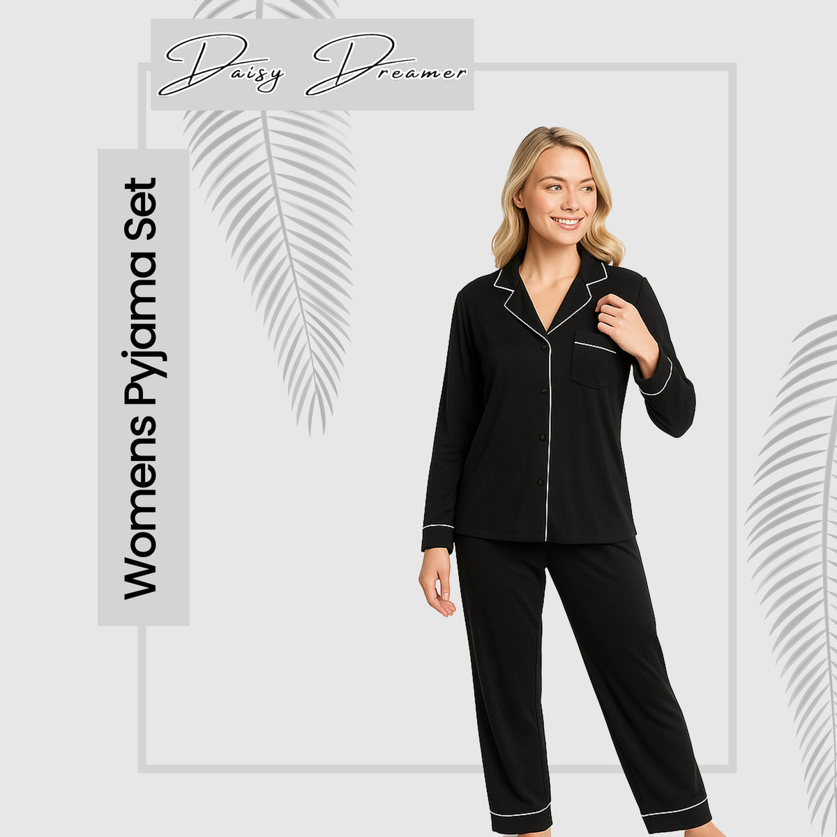 Soft Touch Button-Up Pyjama Set – Black