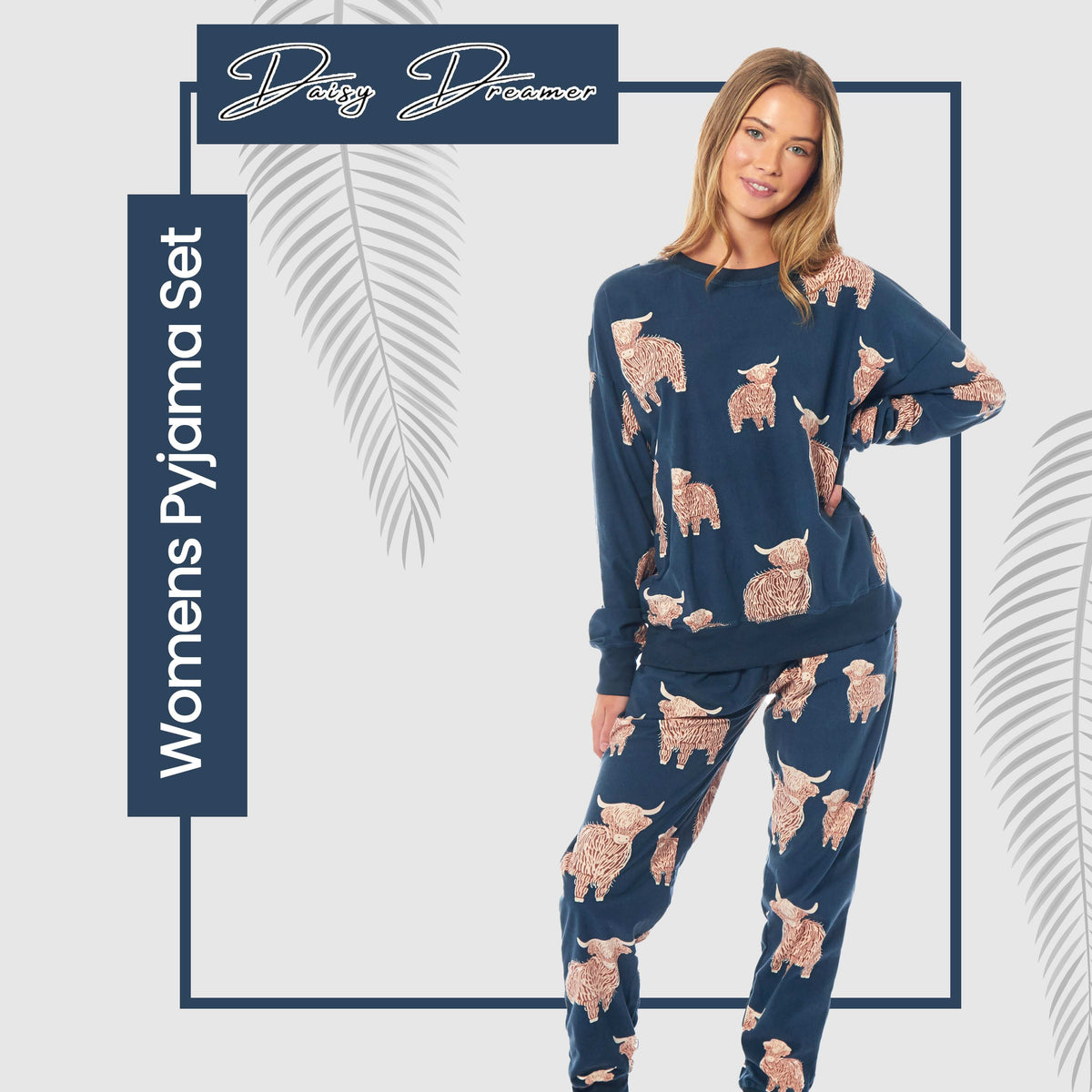 Highland Cow Fleece Pyjama Set – Navy