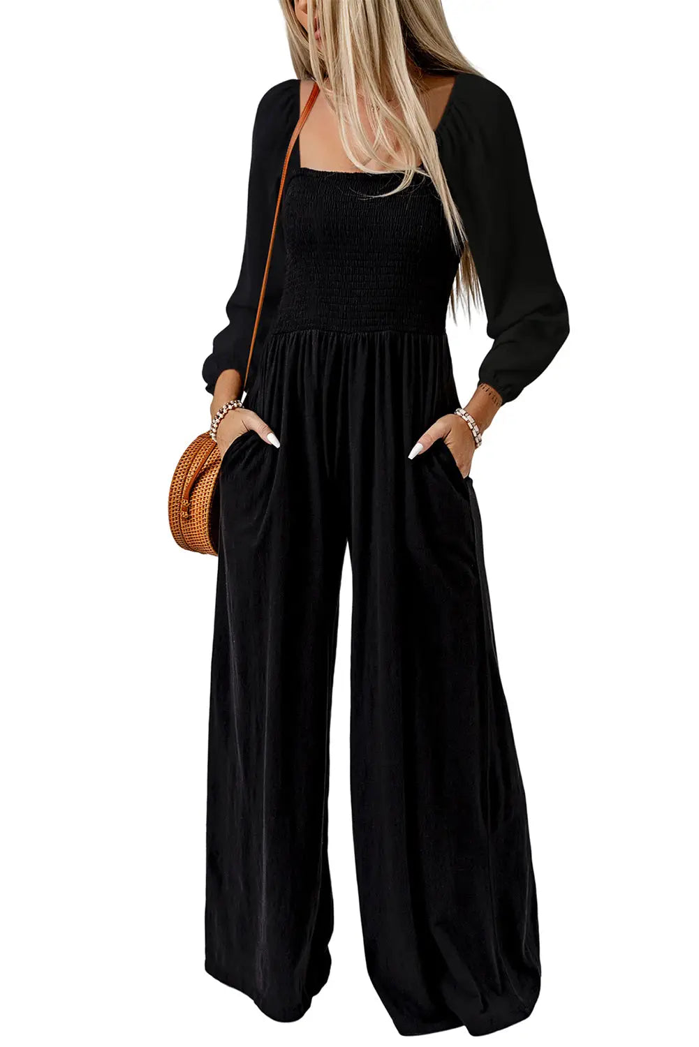 Smocked Square Neck Wide Leg Jumpsuit