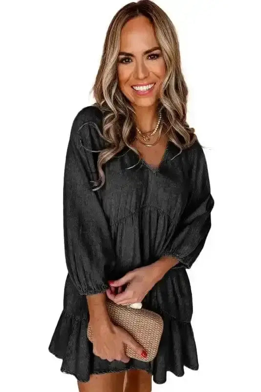 Puff Sleeve Tiered Mini Dress – Washed Black