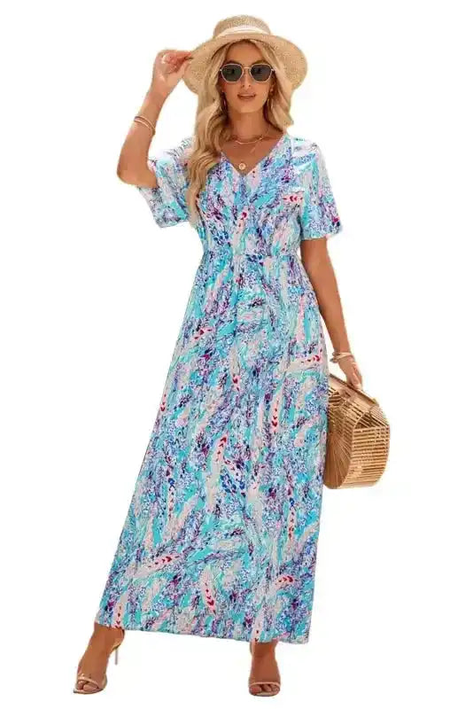 Floral V-Neck Wrap Maxi Dress – Green