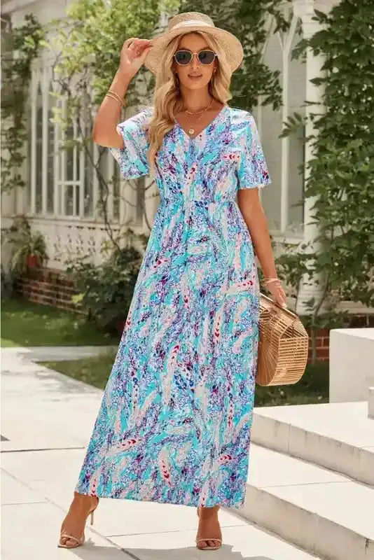 Floral V-Neck Wrap Maxi Dress – Green