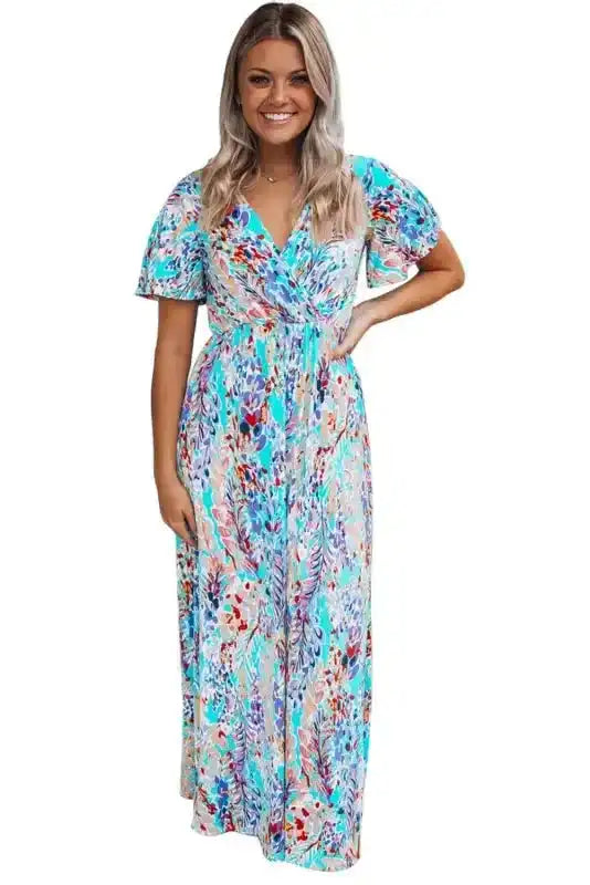 Floral V-Neck Wrap Maxi Dress – Green