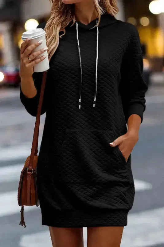 Quilted Hooded Mini Dress with Kangaroo Pocket