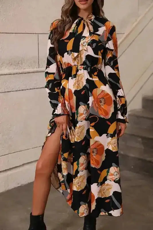 Floral Tie Neck Long Sleeve Midi Dress