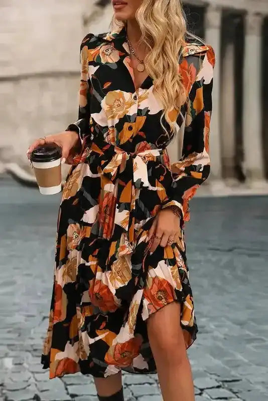 Floral Tie Neck Long Sleeve Midi Dress