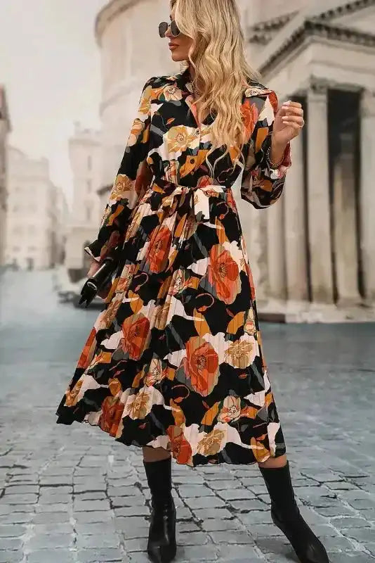 Floral Tie Neck Long Sleeve Midi Dress