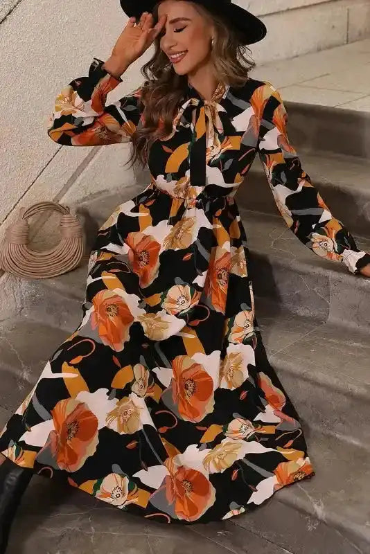 Floral Tie Neck Long Sleeve Midi Dress