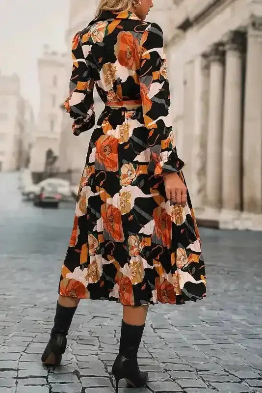 Floral Tie Neck Long Sleeve Midi Dress