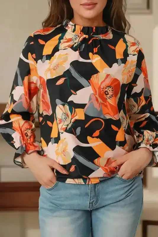 Floral Tie Neck Long Sleeve Midi Dress