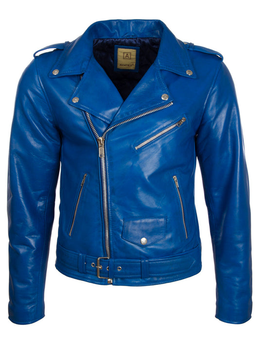 Men's Leather Biker Jacket – Electric Blue