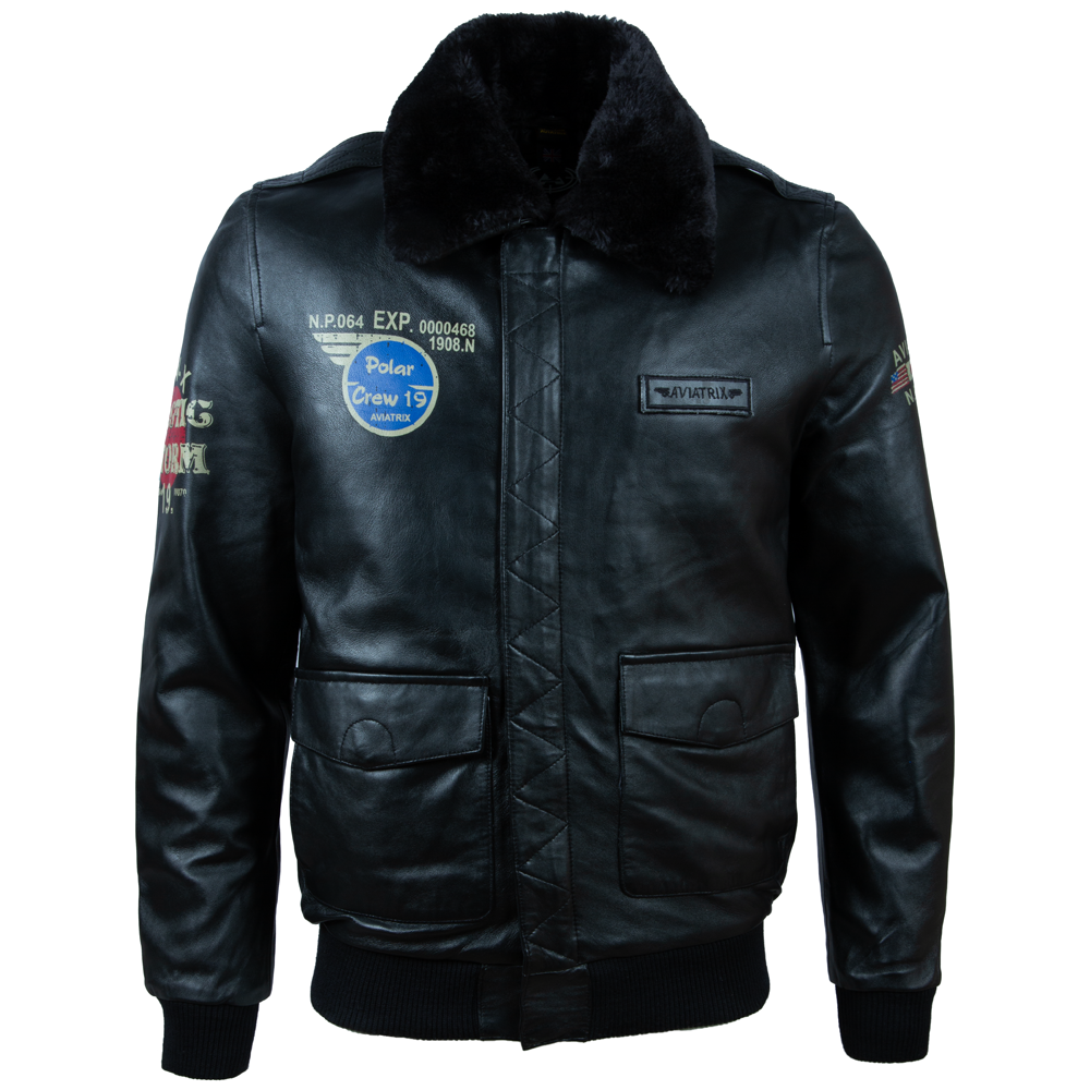 Men's Leather Aviator Jacket with Faux Fur Collar – Black