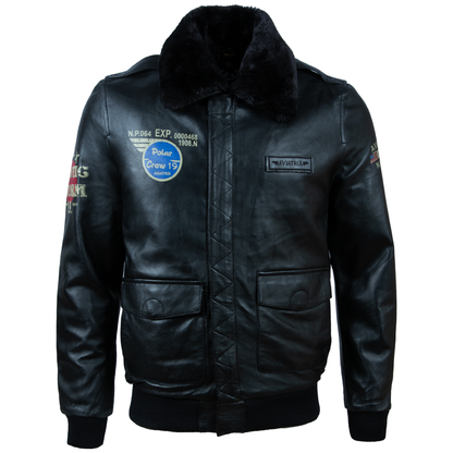 Men's Leather Aviator Jacket with Faux Fur Collar – Black
