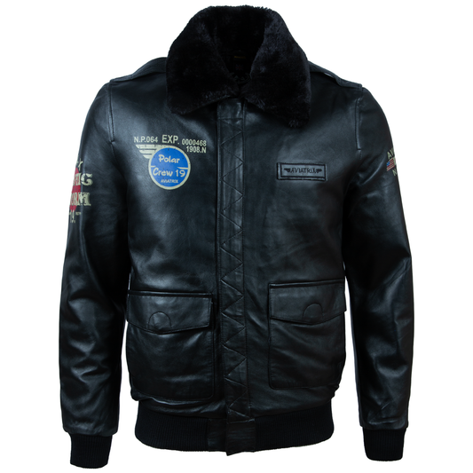 Men's Leather Aviator Jacket with Faux Fur Collar – Black