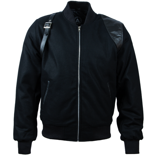 Men's Wool Bomber Jacket with Leather Straps – Black