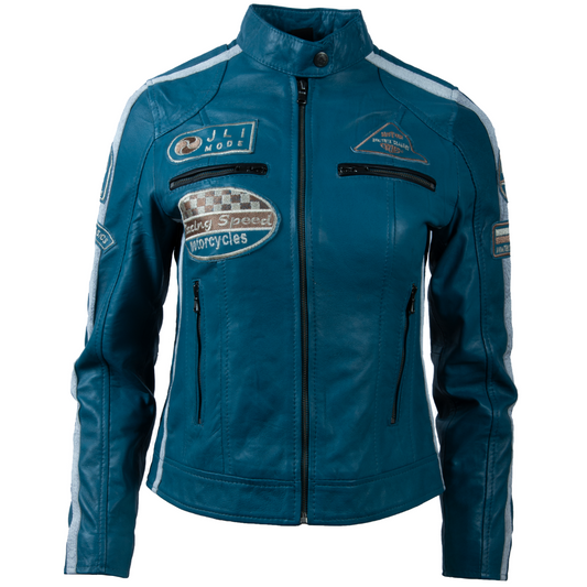 Women's Leather Racing Jacket – Teal Blue
