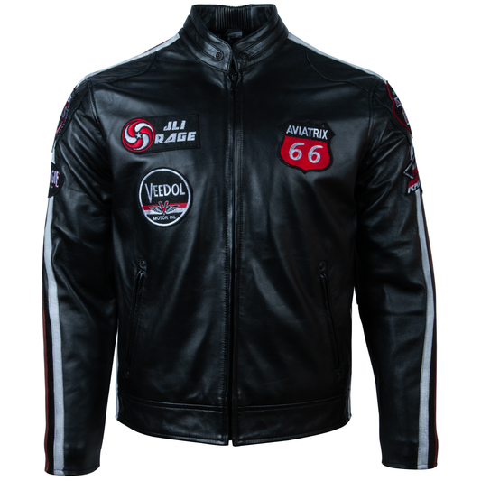 Men's Leather Racing Jacket with Patches – Black