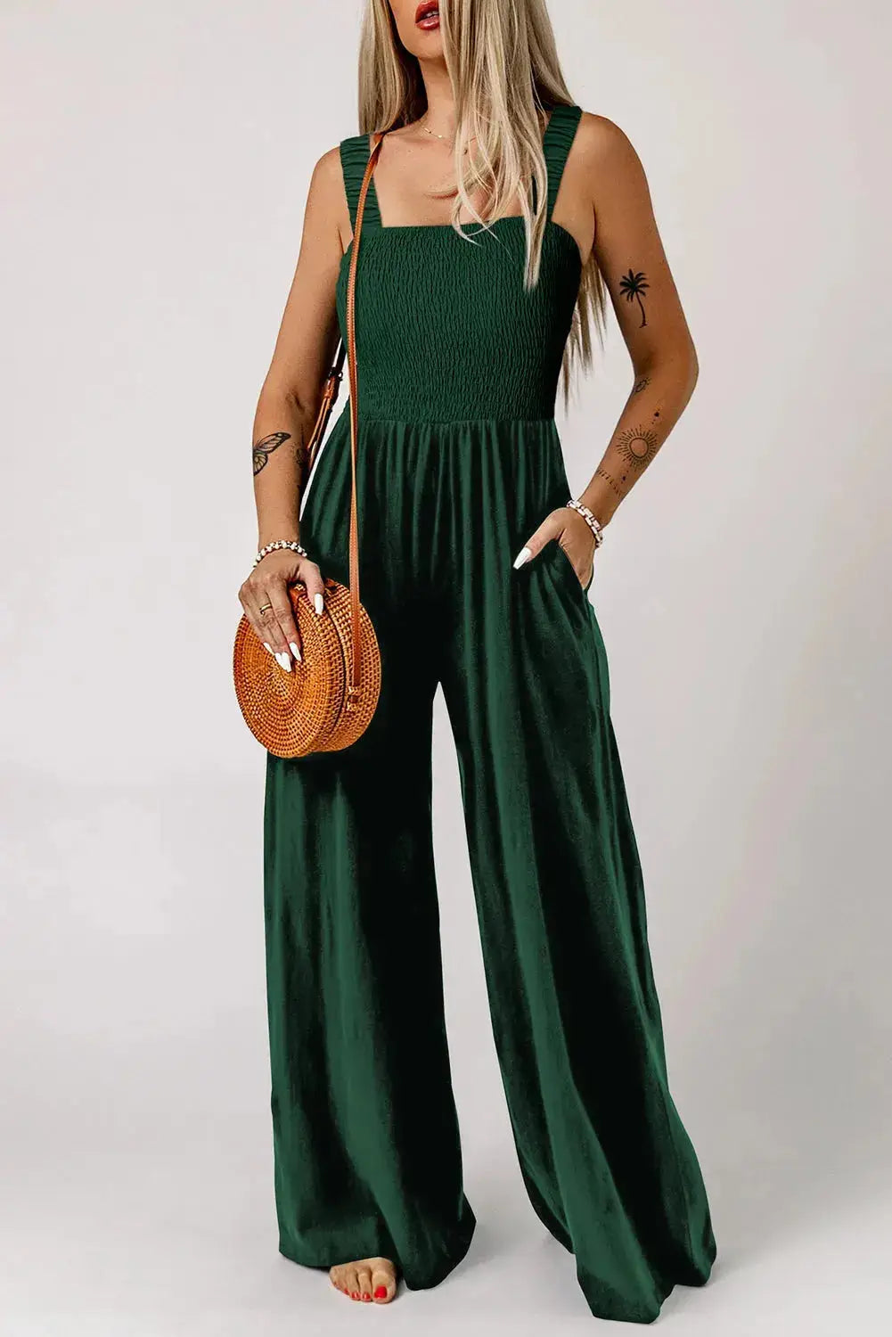 Smocked Square Neck Wide Leg Jumpsuit
