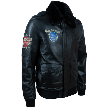Men's Leather Aviator Jacket with Faux Fur Collar – Black