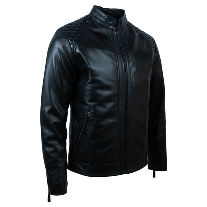 Men's Quilted-Shoulder Leather Biker Jacket – Black