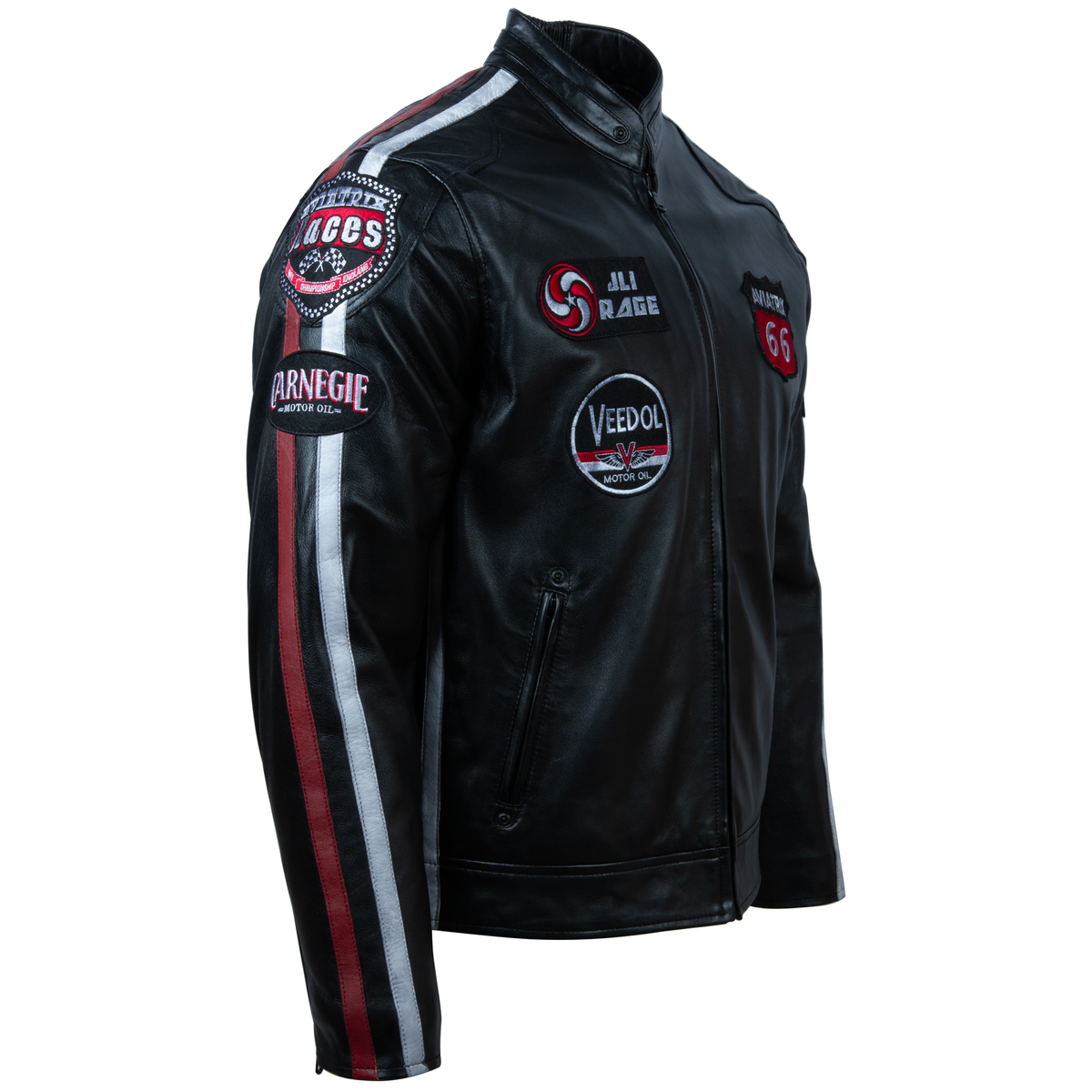 Men's Leather Racing Jacket with Patches – Black