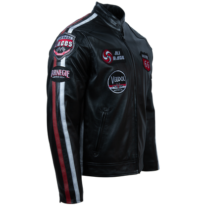 Men's Leather Racing Jacket with Patches – Black