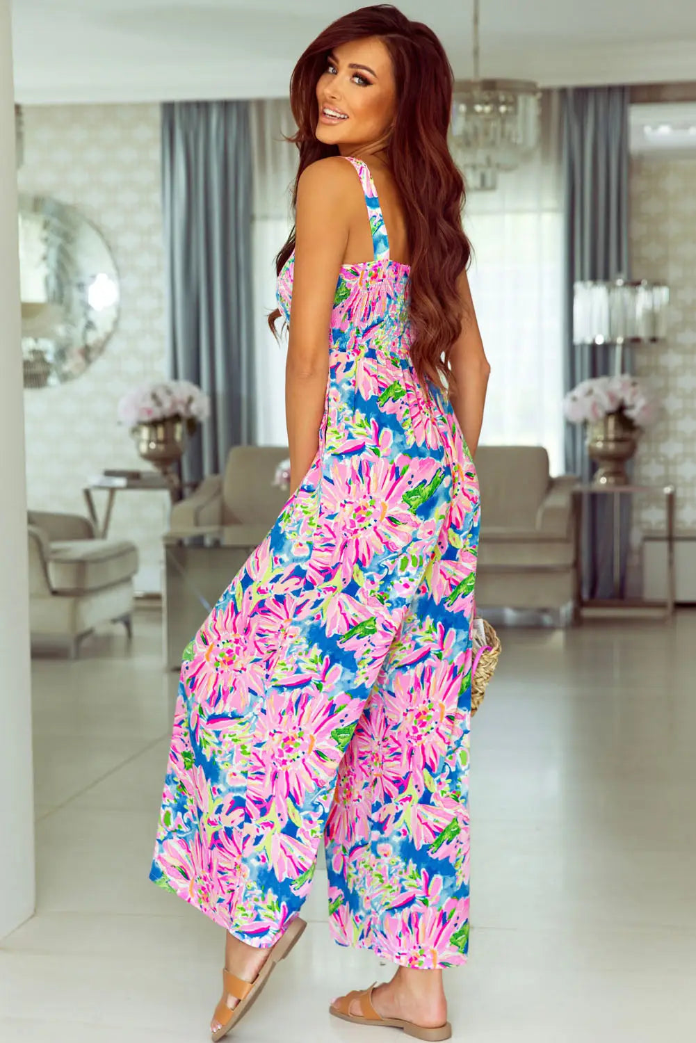 Smocked Square Neck Wide Leg Jumpsuit
