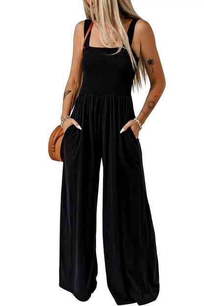 Smocked Square Neck Wide Leg Jumpsuit