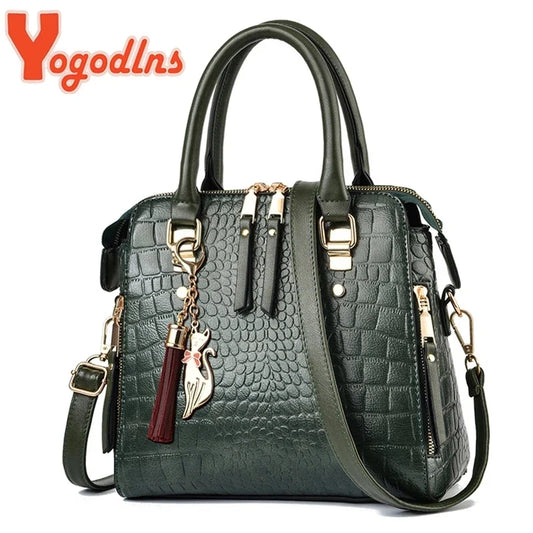 Croc-Effect Tassel Handbag