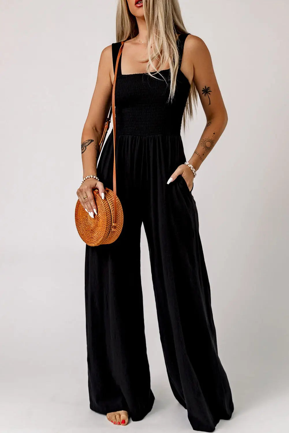 Smocked Square Neck Wide Leg Jumpsuit