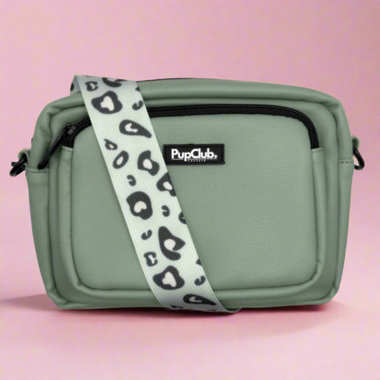 Vegan Leather Crossbody Bag – Sage Green with Leopard Strap