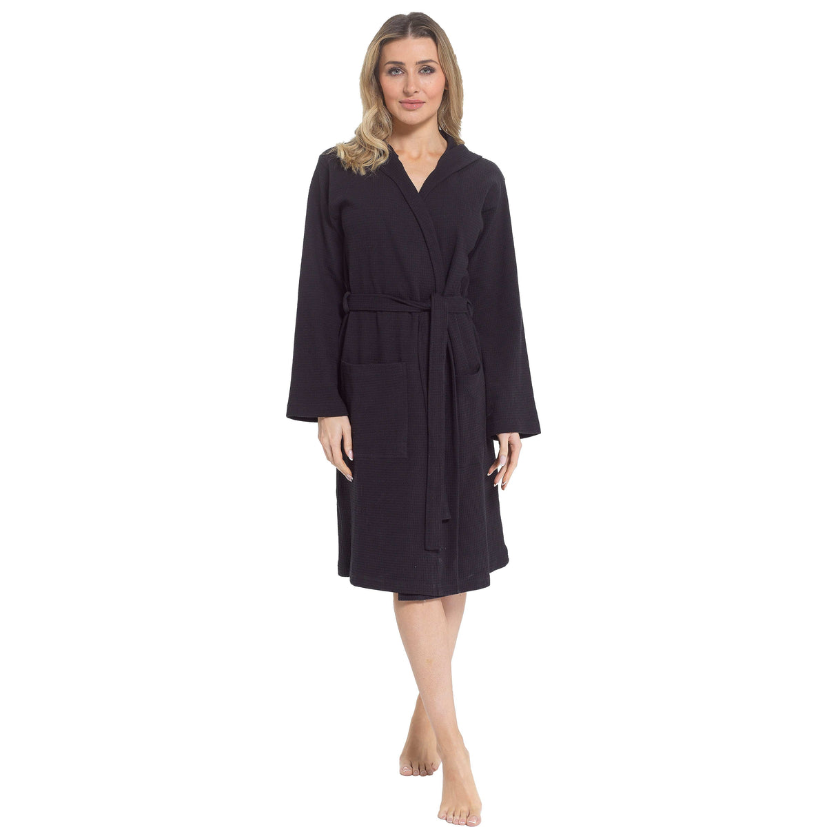 Hooded Waffle Cotton Dressing Gown – Black