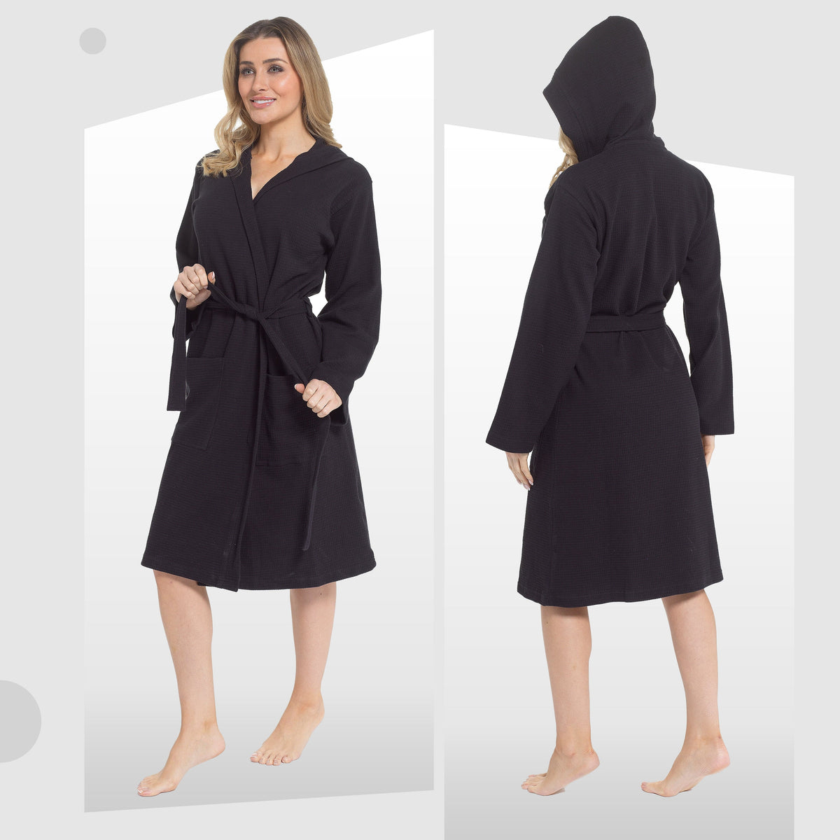 Hooded Waffle Cotton Dressing Gown – Black