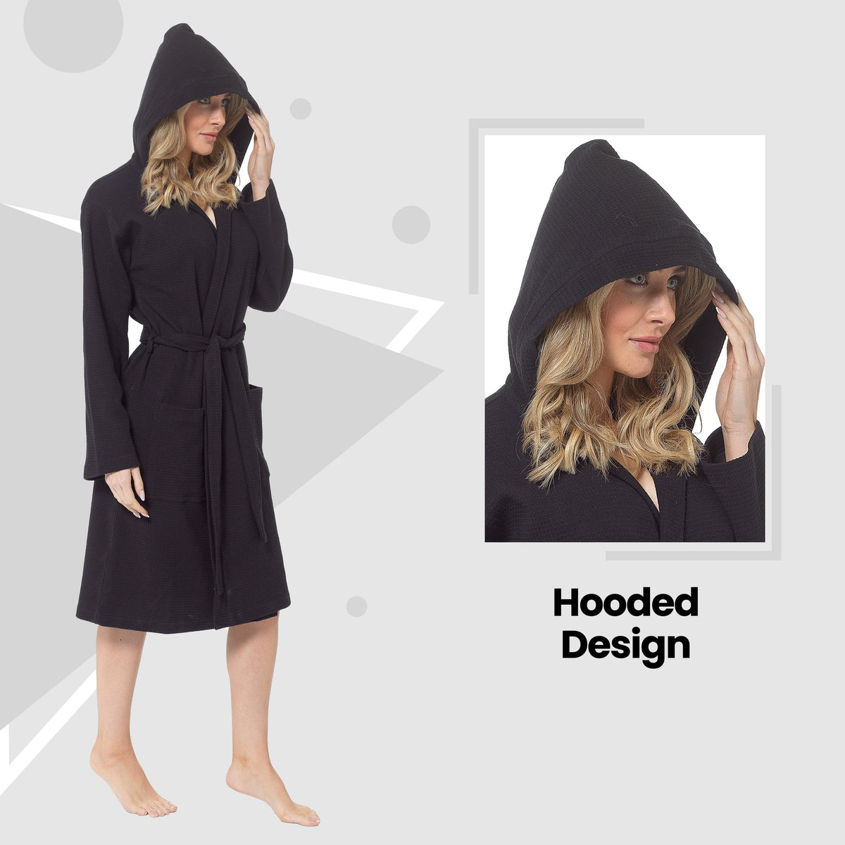 Hooded Waffle Cotton Dressing Gown – Black