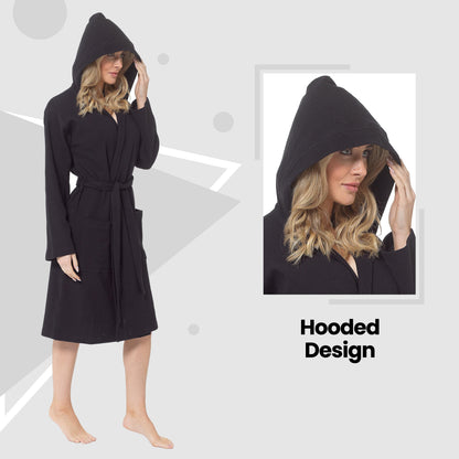 Hooded Waffle Cotton Dressing Gown – Black