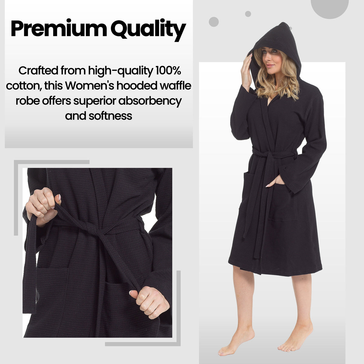 Hooded Waffle Cotton Dressing Gown – Black